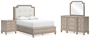 Jorlaina Queen Upholstered Panel Bed with Mirrored Dresser and Nightstand, Light Grayish Brown, large
