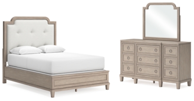 Jorlaina Queen Upholstered Panel Bed with Mirrored Dresser, Light Grayish Brown