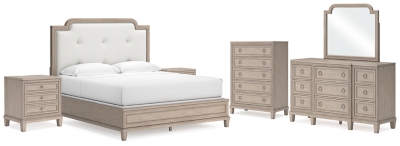 Jorlaina King Upholstered Panel Bed with Mirrored Dresser, Chest and 2 Nightstands, Light Grayish Brown, large