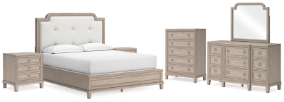 Jorlaina California King Upholstered Panel Bed with Mirrored Dresser, Chest and 2 Nightstands, Light Grayish Brown, large