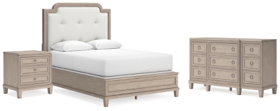 Jorlaina Queen Upholstered Panel Bed with Dresser and Nightstand, Light Grayish Brown