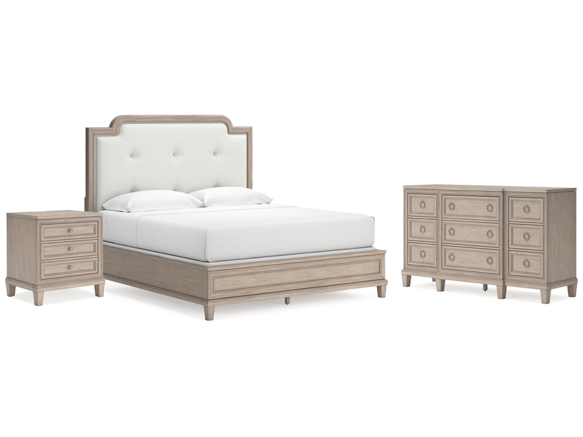 Jorlaina King Upholstered Panel Bed with Dresser and