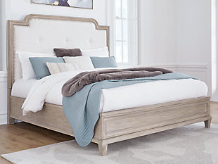 Jorlaina California King Upholstered Panel Bed, Light Grayish Brown, rollover