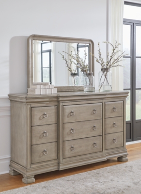 Lexorne 9 Drawer Dresser with Mirror, Gray