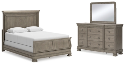 Lexorne Queen Sleigh Bed with Mirrored Dresser, Gray