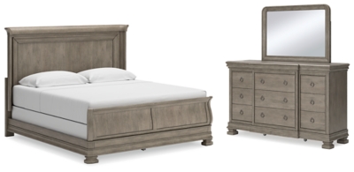 Lexorne King Sleigh Bed with Mirrored Dresser, Gray