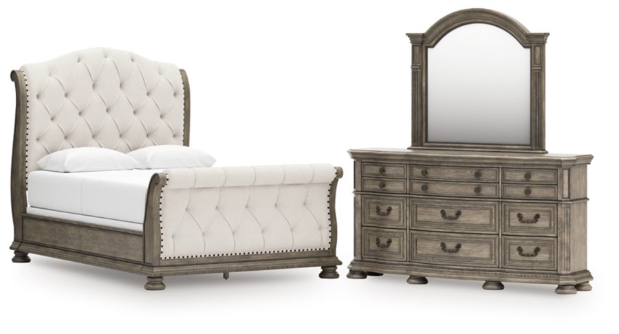 Cama trineo tapizada Queen, cómoda y espejo Ardenfield - image 1