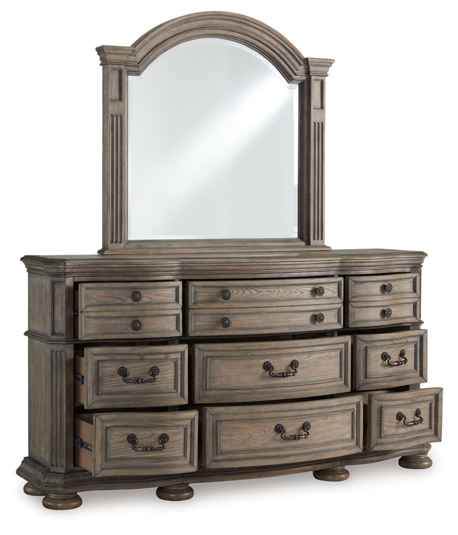 Cama trineo tapizada Queen, cómoda y espejo Ardenfield - image 3