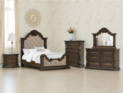 Maylee Queen Upholstered Bed, Dark Brown, rollover