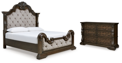 Maylee Queen Upholstered Bed with Dresser, Dark Brown