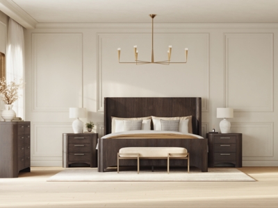 Bedroom scene featuring bed and nightstands with dresser