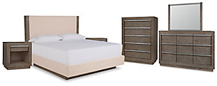 Anibecca Queen Upholstered Panel Bed with Mirrored Dresser, Chest and 2 Nightstands, Weathered Gray, large