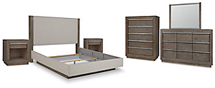 Anibecca California King Upholstered Bed with Mirrored Dresser, Chest and 2 Nightstands, Weathered Gray, large
