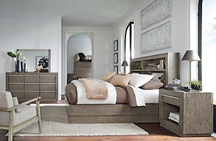Anibecca King Bookcase Bed with Mirrored Dresser, Chest and 2 Nightstands, Weathered Gray, rollover