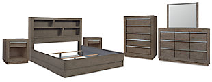 Anibecca California King Bookcase Bed with Mirrored Dresser, Chest and 2 Nightstands, Weathered Gray, large
