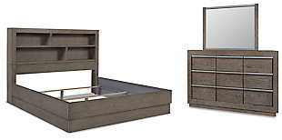Anibecca California King Bookcase Bed with Mirrored Dresser, Weathered Gray, large