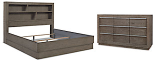 Anibecca California King Bookcase Bed with Dresser, Weathered Gray, large