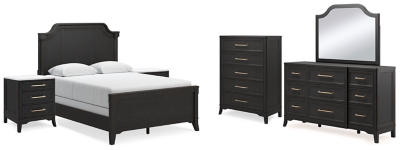 Welltern Queen Panel Bed with Mirrored Dresser, Chest and 2 Nightstands, Black