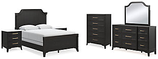 Welltern Queen Panel Bed with Mirrored Dresser, Chest and 2 Nightstands, Black, large