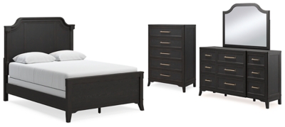 Welltern Queen Panel Bed with Mirrored Dresser and Chest, Black