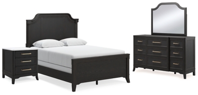 Welltern Queen Panel Bed with Mirrored Dresser and Nightstand, Black, large