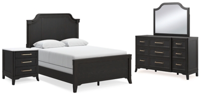 Welltern Queen Panel Bed with Mirrored Dresser and Nightstand, Black