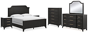 Welltern California King Panel Bed with Mirrored Dresser, Chest and 2 Nightstands, Black, large