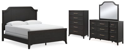 Welltern California King Panel Bed with Mirrored Dresser and Chest, Black, large