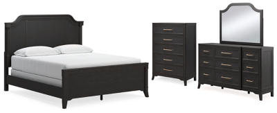 Welltern California King Panel Bed with Mirrored Dresser and Chest, Black