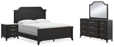 Welltern California King Panel Bed with Mirrored Dresser and Nightstand, Black, large
