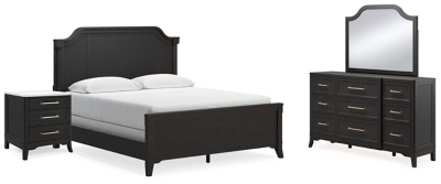 Welltern California King Panel Bed with Mirrored Dresser and Nightstand, Black