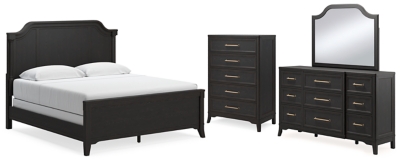 Welltern King Panel Bed with Mirrored Dresser and Chest, Black