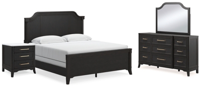 Welltern King Panel Bed with Mirrored Dresser and Nightstand, Black