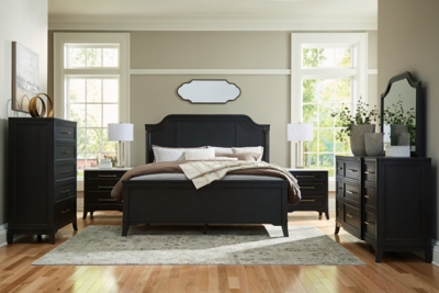 Welltern California King Panel Bed with Mirrored Dresser, Chest and 2 Nightstands, Black