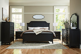 Welltern King Panel Bed with Mirrored Dresser, Chest and 2 Nightstands, Black, rollover