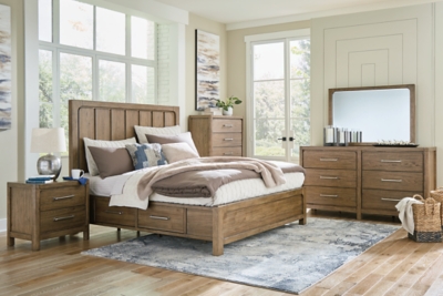 Cabalynn King Panel Bed with Storage with Mirrored Dresser, Chest and Nightstand, Light Brown