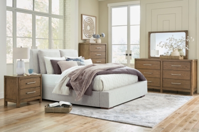 Cabalynn Queen Upholstered Bed with Mirrored Dresser, Chest and 2 Nightstands, Light Brown, rollover