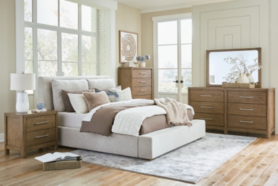 Cabalynn California King Upholstered Bed with Mirrored Dresser, Chest and 2 Nightstands, Light Brown, rollover