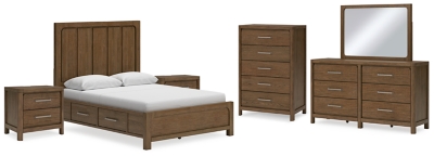 Cabalynn Queen Panel Bed with Storage with Mirrored Dresser, Chest and 2 Nightstands, Light Brown, large