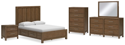 Cabalynn Queen Panel Bed with Storage with Mirrored Dresser, Chest and Nightstand, Light Brown