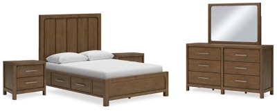 Cabalynn Queen Panel Bed with Storage with Mirrored Dresser and 2 Nightstands, Light Brown, large