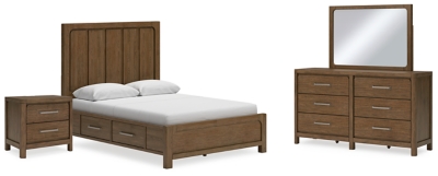 Cabalynn Queen Panel Bed with Storage with Mirrored Dresser and Nightstand, Light Brown
