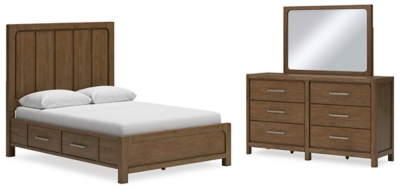 Cabalynn Queen Panel Bed with Storage with Mirrored Dresser, Light Brown