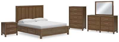 Cabalynn California King Panel Bed with Storage with Mirrored Dresser, Chest and Nightstand, Light Brown, large