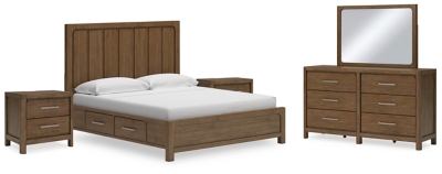 Cabalynn California King Panel Bed with Storage with Mirrored Dresser and 2 Nightstands, Light Brown, large