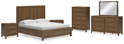 Cabalynn King Panel Bed with Storage with Mirrored Dresser, Chest and 2 Nightstands, Light Brown