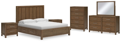 Cabalynn King Panel Bed with Storage with Mirrored Dresser, Chest and 2 Nightstands, Light Brown, large
