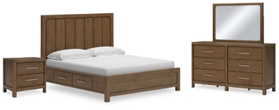 Cabalynn King Panel Bed with Storage with Mirrored Dresser and Nightstand, Light Brown, large