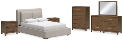Cabalynn Queen Upholstered Bed with Mirrored Dresser, Chest and 2 Nightstands, Light Brown, large