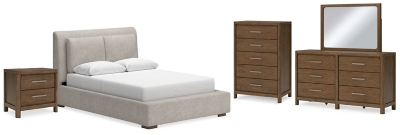 Cabalynn Queen Upholstered Bed with Mirrored Dresser, Chest and Nightstand, Light Brown